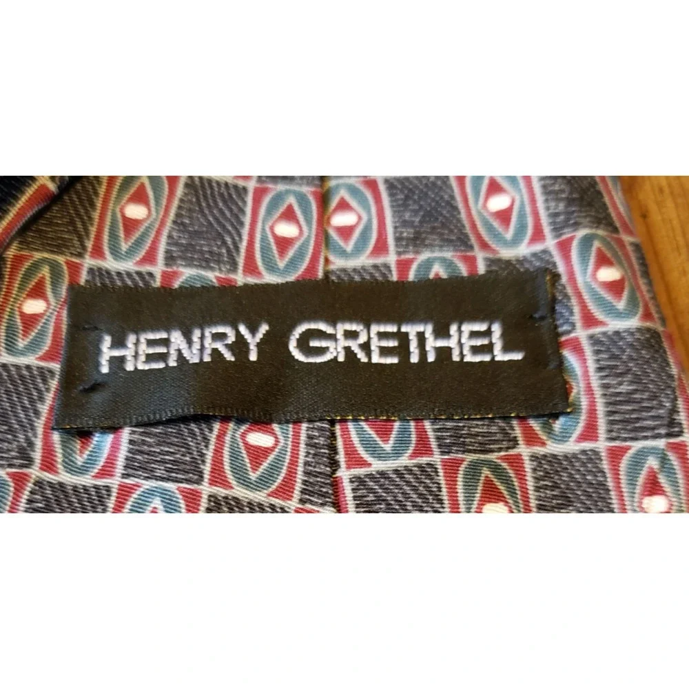 Henry Grethel Mens Necktie Tie Blue Red Checkerboard Pattern Geometric Silk